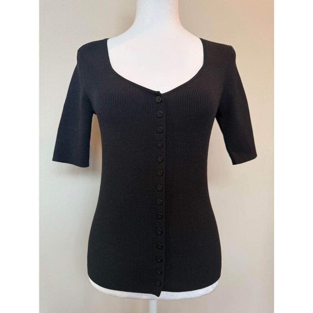 Elie Tahari Black Ribbed Button-Front Knit Top